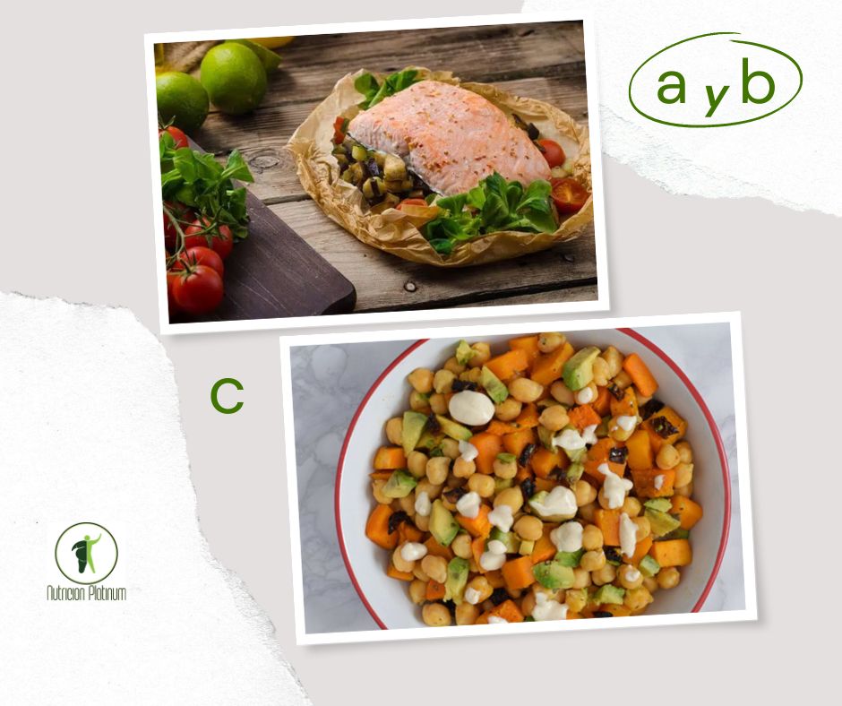 papillote de salmón con calabacín y tomates Cherry con calabaza,  garbanzos y aliño de yogur